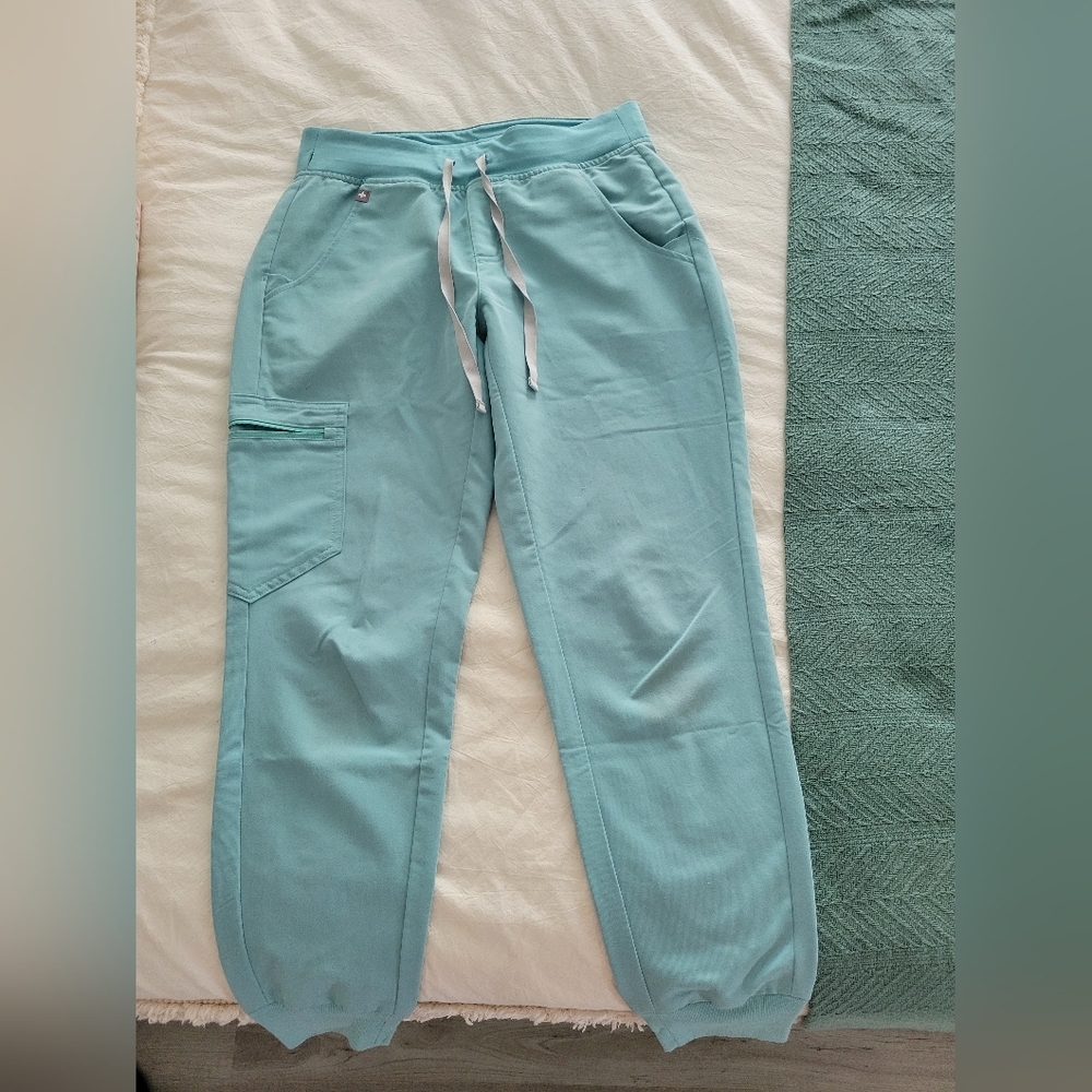 FIGS Zamora Bright Teal Yellow Tie Jogger Scrubs X-Small Petite